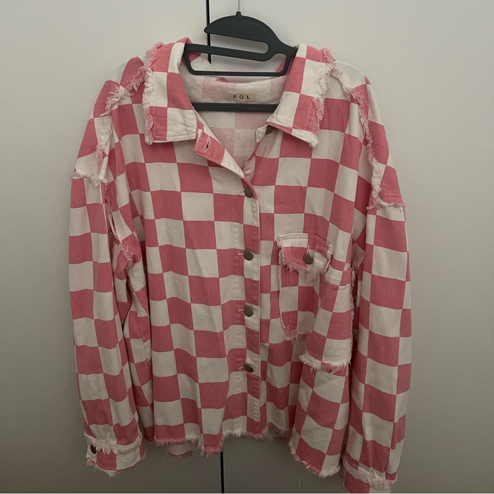 Distressed checkered denim jacket